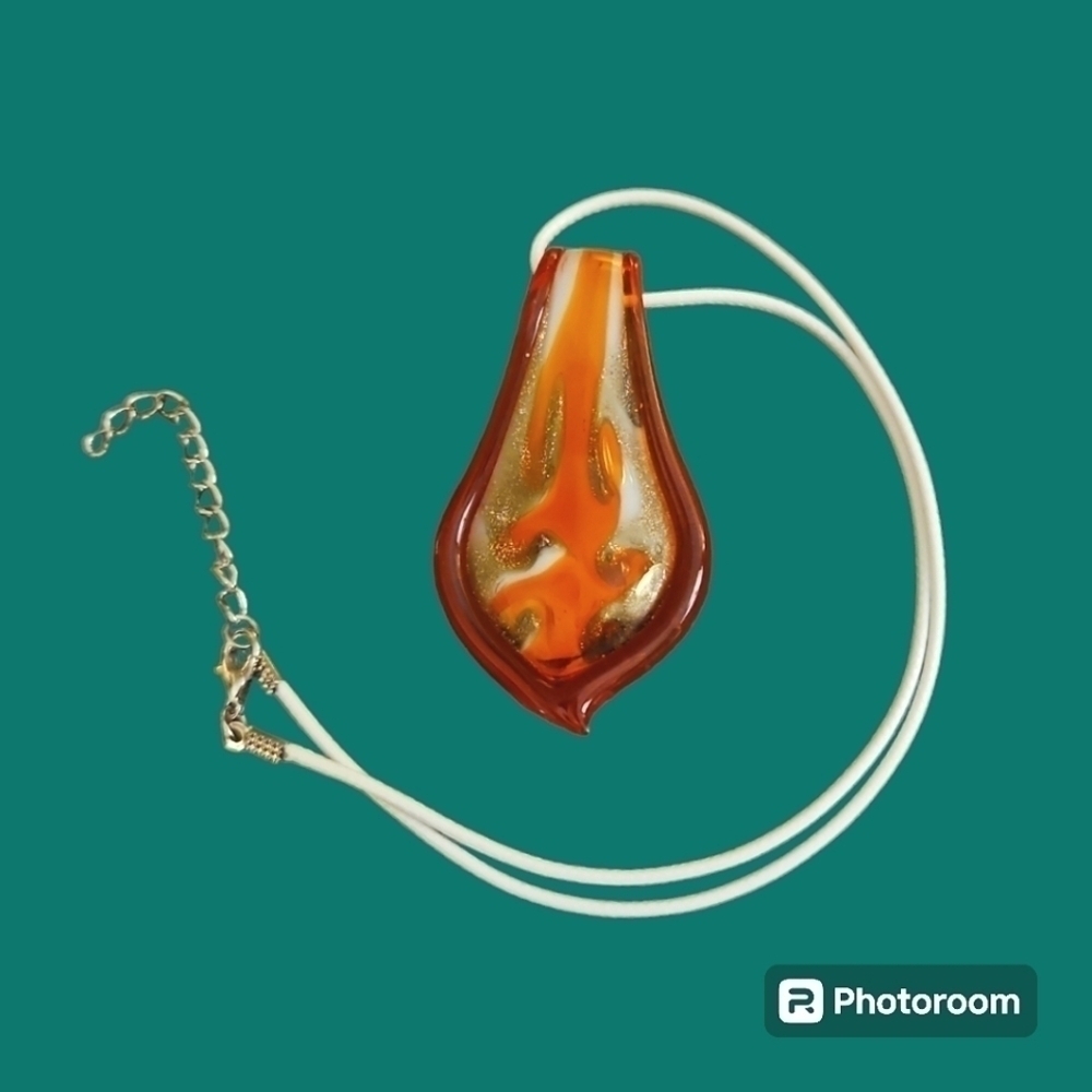MURANO Orange Handblown Glass Pendant Rope Necklace